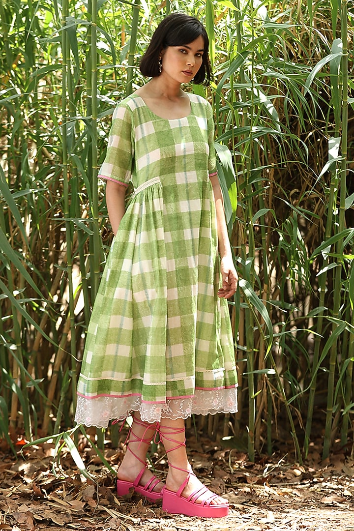 Green Handloom Pure Chanderi Hand Block Printed Vacation Dress by Weaverstory at Pernia's Pop Up Shop