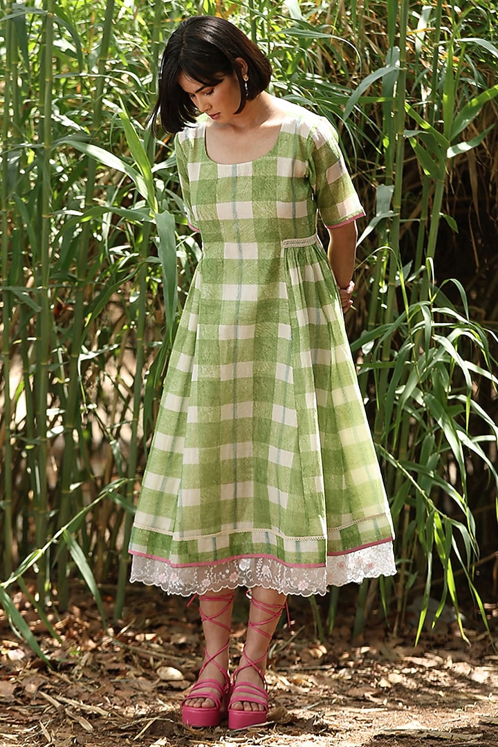 Green Handloom Pure Chanderi Hand Block Printed Vacation Dress by Weaverstory at Pernia's Pop Up Shop