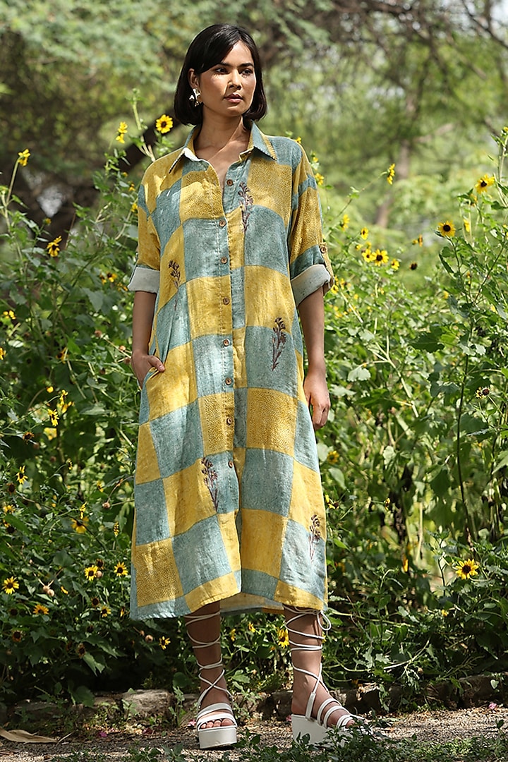 Yellow & Grey Cotton Double Gauze Hand Block Printed Shirt Dress by Weaverstory at Pernia's Pop Up Shop