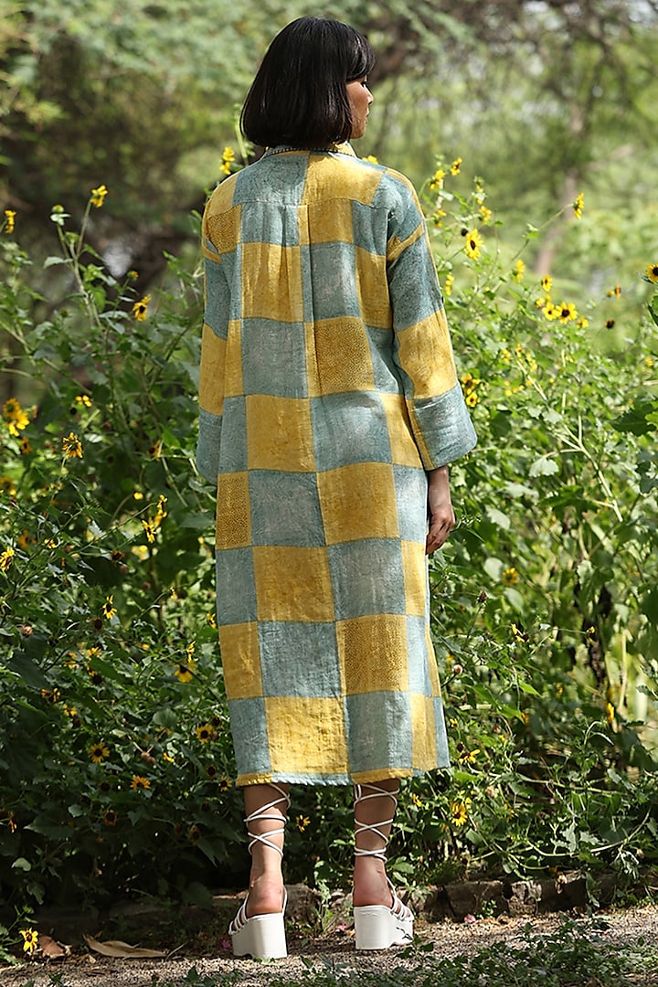 Yellow Grey Cotton Double Gauze Hand Block Printed Shirt Dress