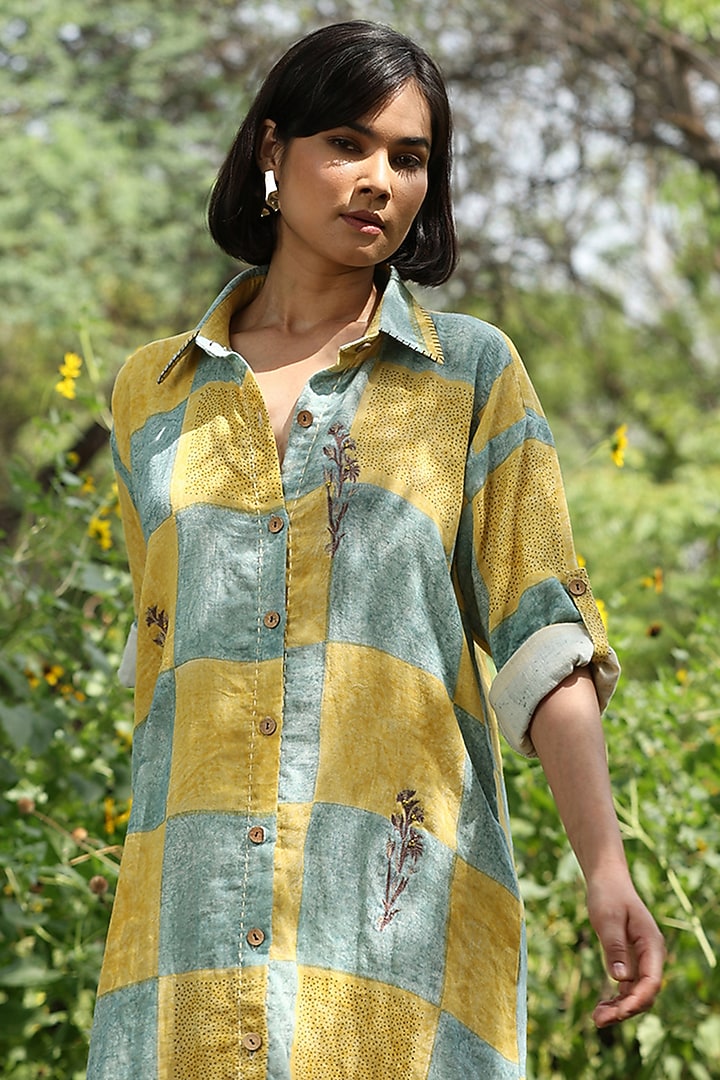 Yellow & Grey Cotton Double Gauze Hand Block Printed Summer Shirt Dress by Weaverstory at Pernia's Pop Up Shop