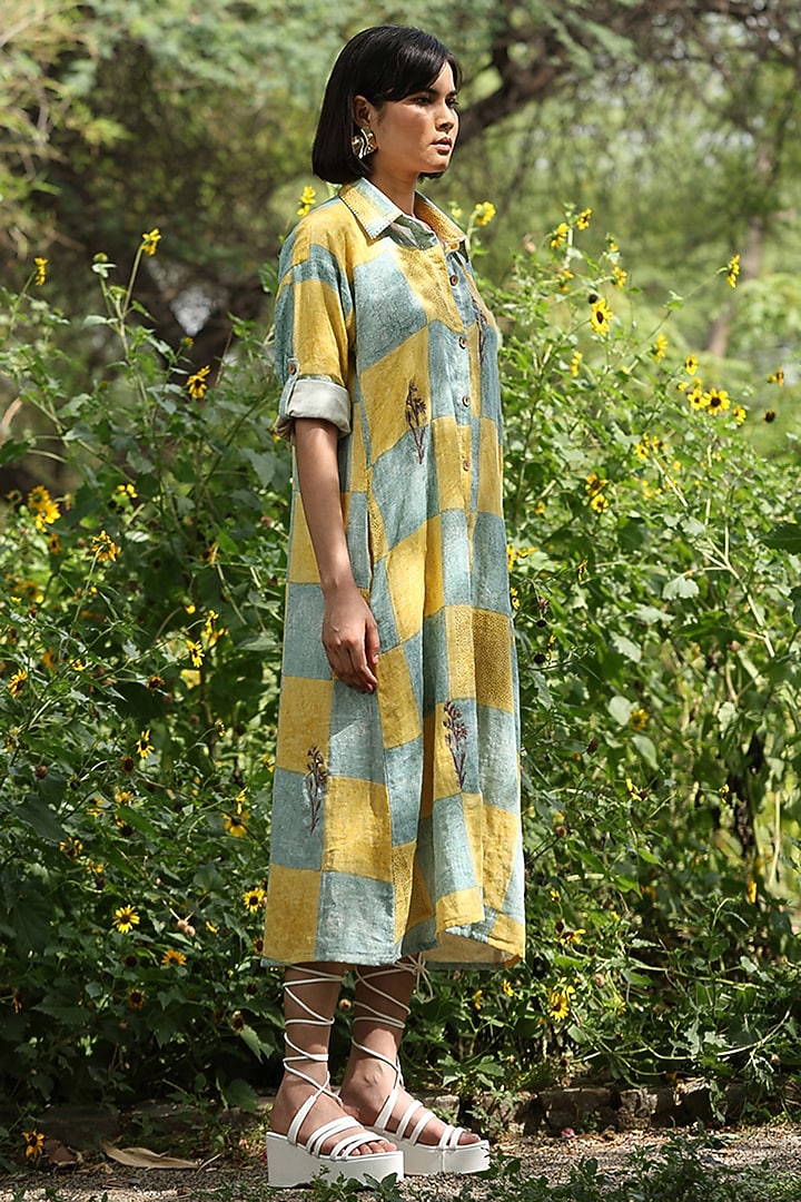Yellow & Grey Cotton Double Gauze Hand Block Printed Summer Shirt Dress by Weaverstory at Pernia's Pop Up Shop