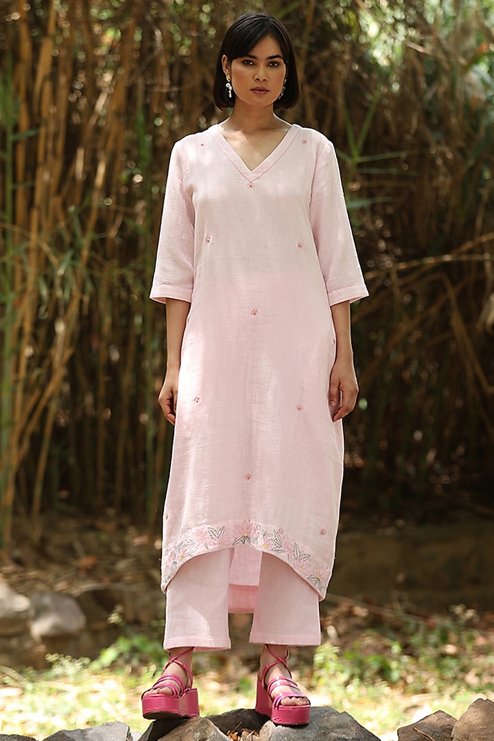 Rose Pink Cotton Double Gauze Embroidered Co-Ord Set by Weaverstory at Pernia's Pop Up Shop