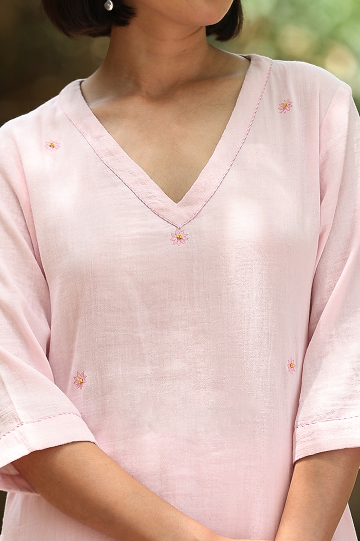 Rose Pink Cotton Double Gauze Embroidered Co-Ord Set by Weaverstory at Pernia's Pop Up Shop