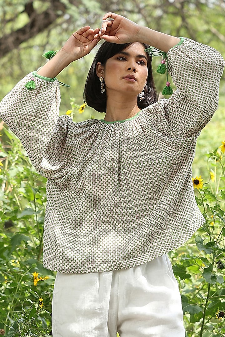 White Cotton Double Gauze Hand Block Printed Top by Weaverstory at Pernia's Pop Up Shop