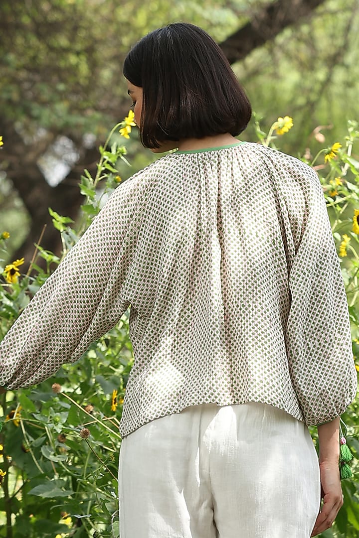White Cotton Double Gauze Hand Block Printed Top by Weaverstory at Pernia's Pop Up Shop