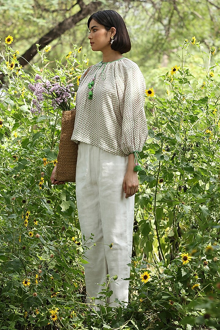 White Cotton Double Gauze Hand Block Printed Top by Weaverstory at Pernia's Pop Up Shop