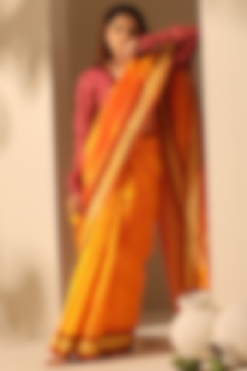 Orange Pure Chanderi Silk Handloom Party Wear Saree Set by Weaverstory at Pernia's Pop Up Shop