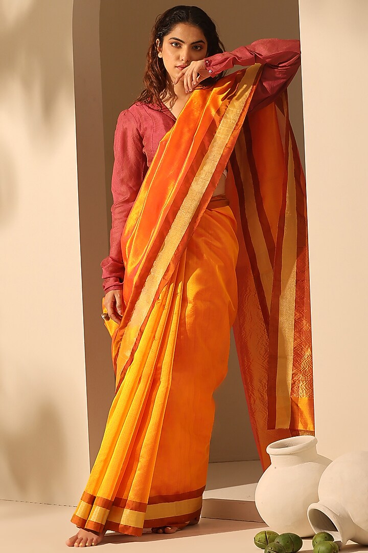 Orange Pure Chanderi Silk Handloom Party Wear Saree Set by Weaverstory at Pernia's Pop Up Shop