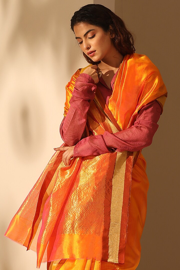 Orange Pure Chanderi Silk Handloom Party Wear Saree Set by Weaverstory at Pernia's Pop Up Shop