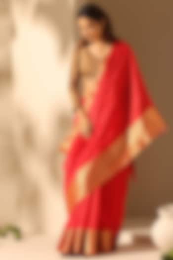 Red Pure Chanderi Silk Handloom Festive Saree Set by Weaverstory at Pernia's Pop Up Shop
