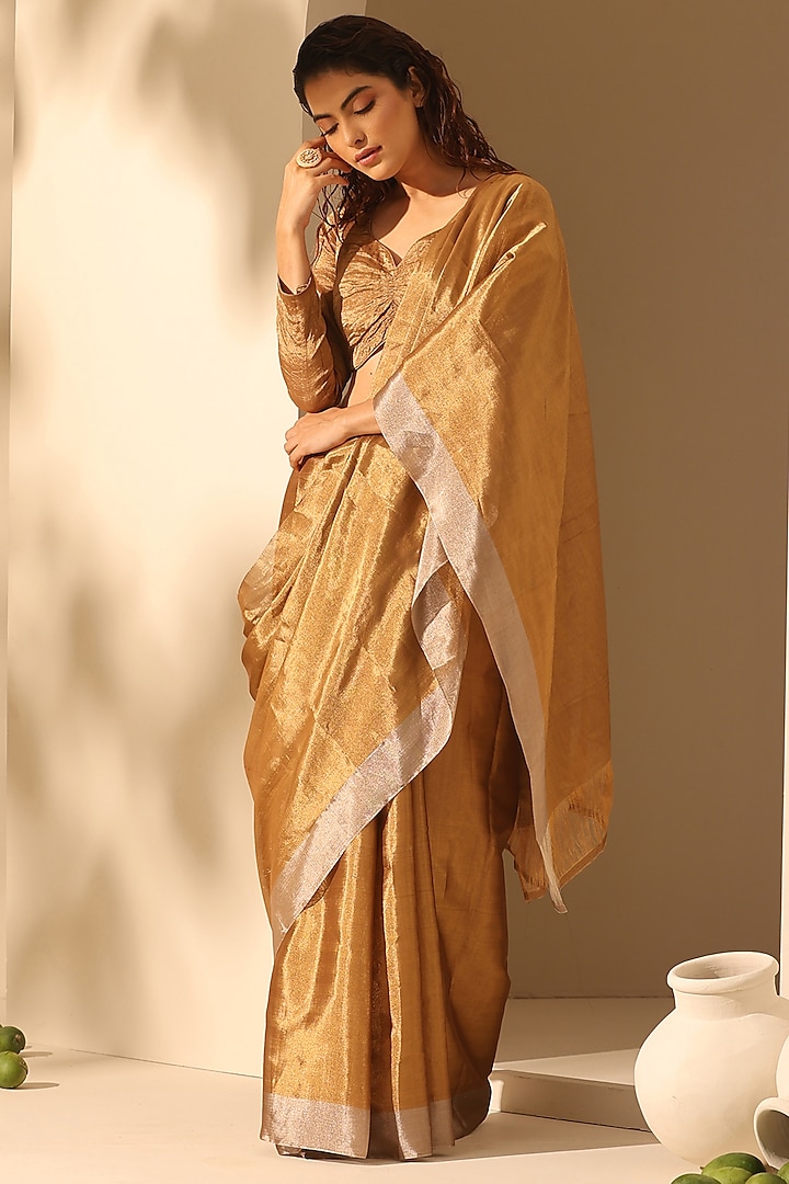 Gold Chanderi Tissue Silk Handloom Saree by Weaverstory