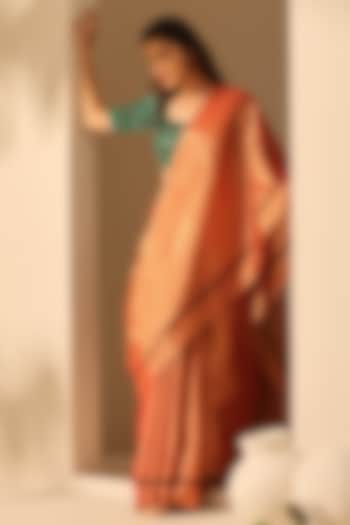 Rust & Gold Chanderi Tissue Silk Handloom Party Wear Saree Set by Weaverstory at Pernia's Pop Up Shop