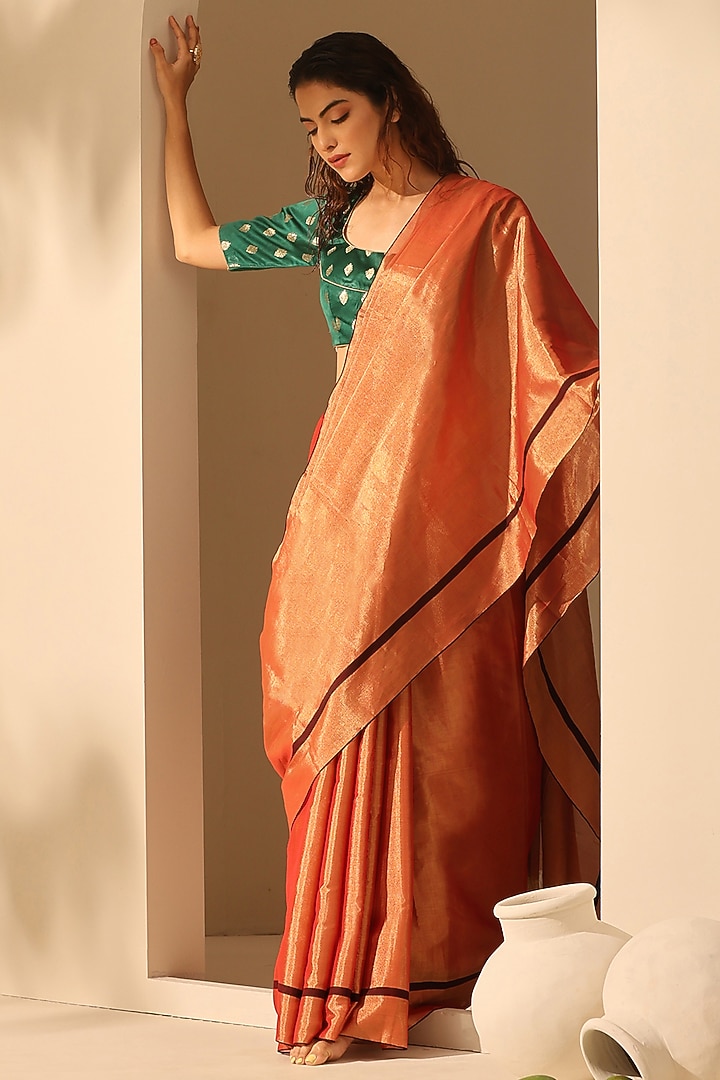 Rust & Gold Chanderi Tissue Silk Handloom Party Wear Saree Set by Weaverstory at Pernia's Pop Up Shop
