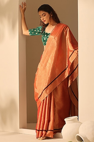 Rust & Gold Chanderi Tissue Silk Handloom Saree Set by Weaverstory