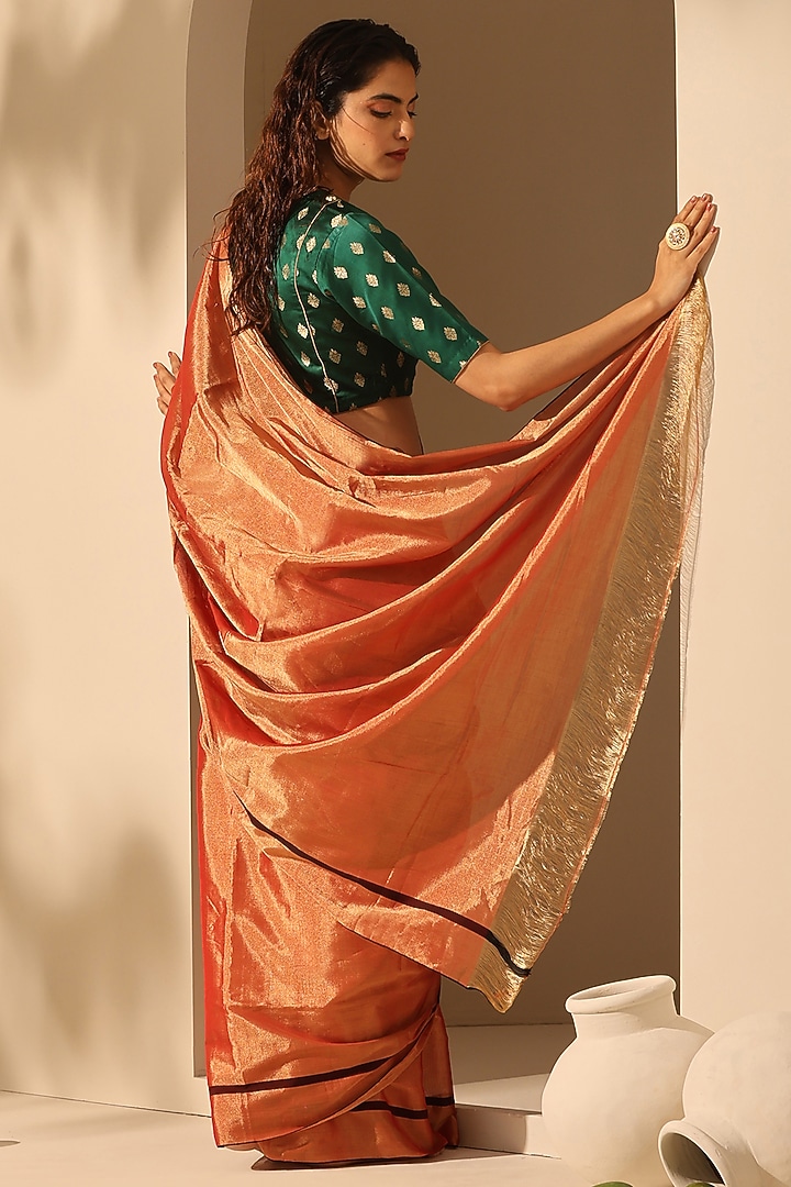 Rust & Gold Chanderi Tissue Silk Handloom Party Wear Saree Set by Weaverstory at Pernia's Pop Up Shop