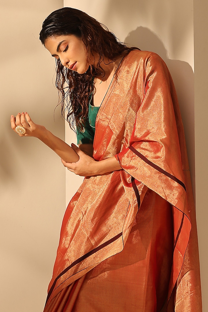 Rust & Gold Chanderi Tissue Silk Handloom Party Wear Saree Set by Weaverstory at Pernia's Pop Up Shop