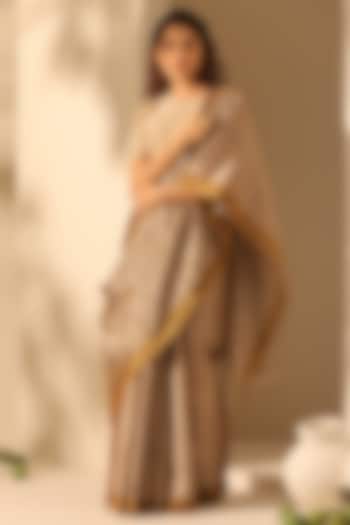Gold Pure Chanderi Tissue Silk Striped Handloom Festive Saree Set by Weaverstory at Pernia's Pop Up Shop