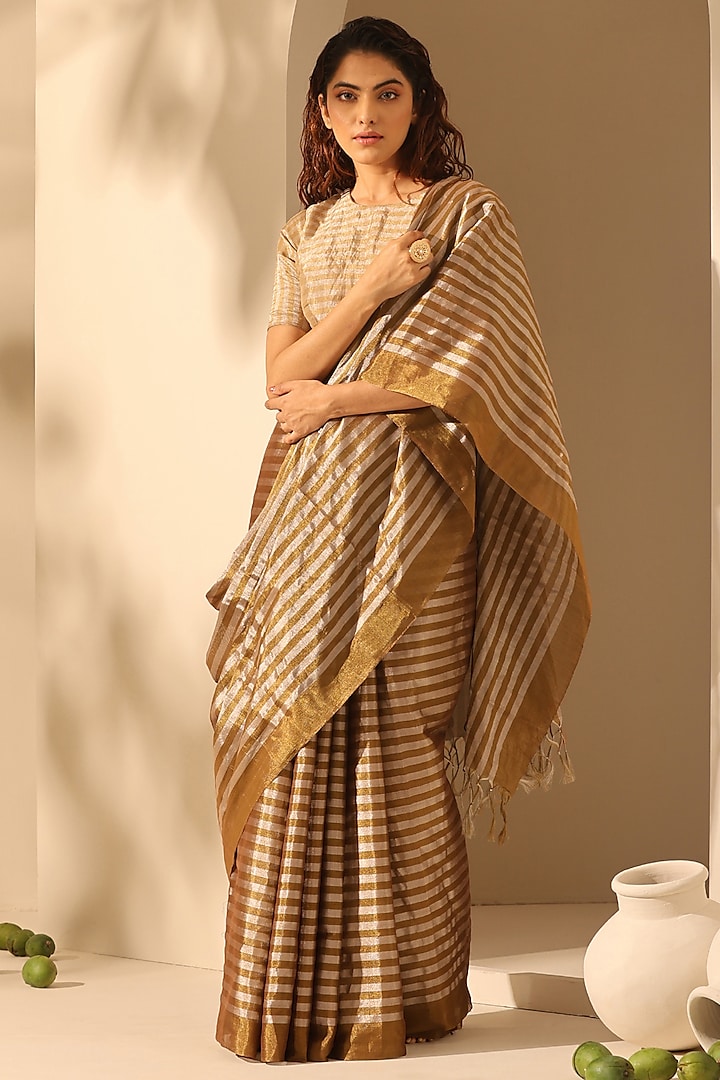 Gold Pure Chanderi Tissue Silk Striped Handloom Festive Saree Set by Weaverstory at Pernia's Pop Up Shop