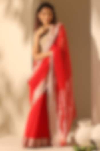 Red Pure Cotton Chanderi Handloom Saree by Weaverstory