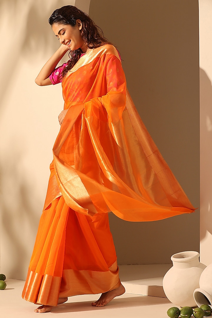 Orange Pure Cotton Chanderi Handloom Saree by Weaverstory
