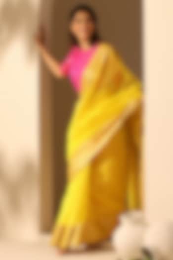 Neon Yellow Pure Cotton Chanderi Handloom Saree by Weaverstory