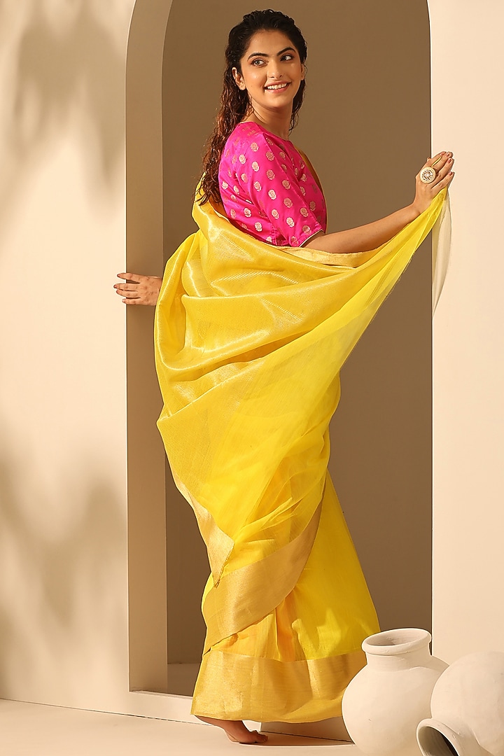 Neon Yellow Pure Cotton Chanderi Handloom Festive Saree by Weaverstory at Pernia's Pop Up Shop