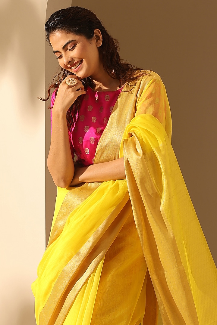 Neon Yellow Pure Cotton Chanderi Handloom Festive Saree by Weaverstory at Pernia's Pop Up Shop