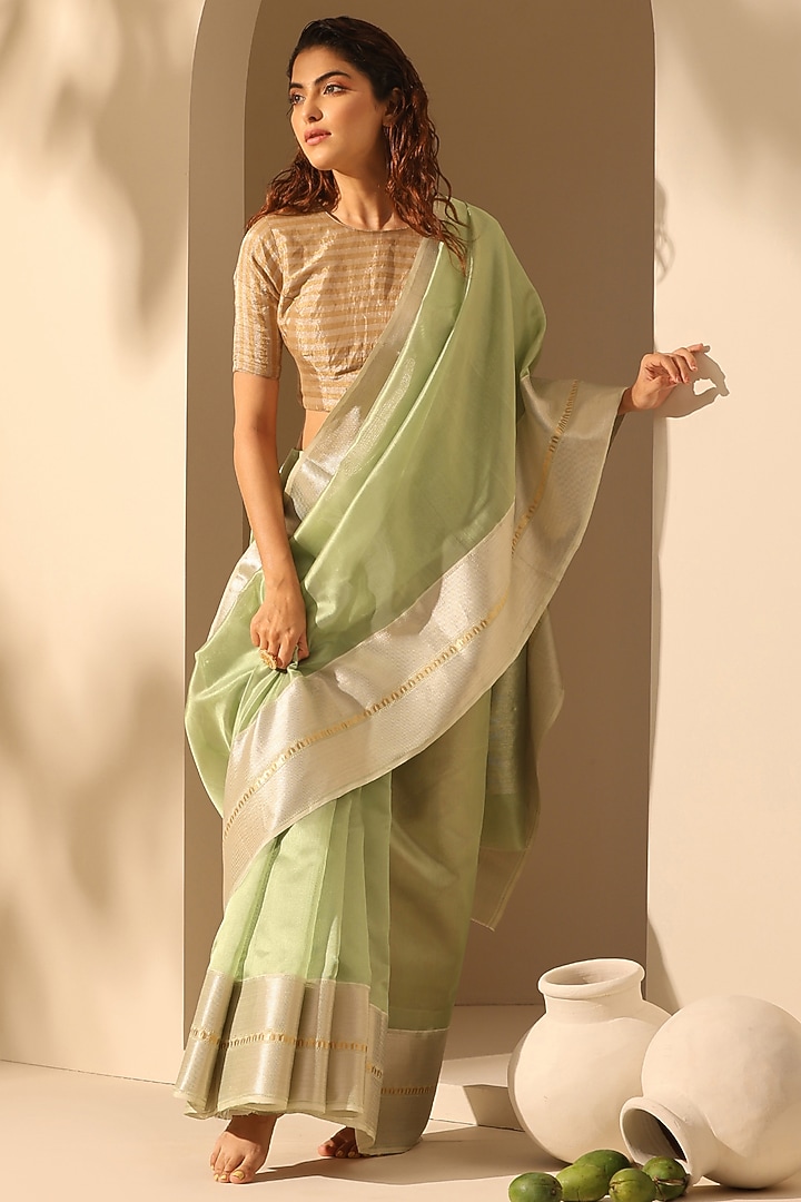 Pista Green Chanderi Silk Handloom Party Wear Saree Set by Weaverstory at Pernia's Pop Up Shop