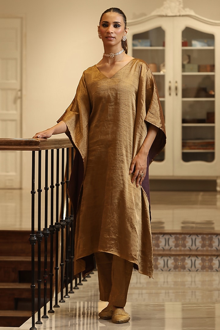 Golden Handloom Tissue Kaftan Set by Weaverstory at Pernia's Pop Up Shop