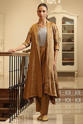 Golden Handloom Tissue Jacket Set by Weaverstory