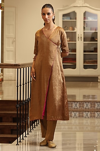 Golden Handloom Tissue Angrakha Kurta Set by Weaverstory