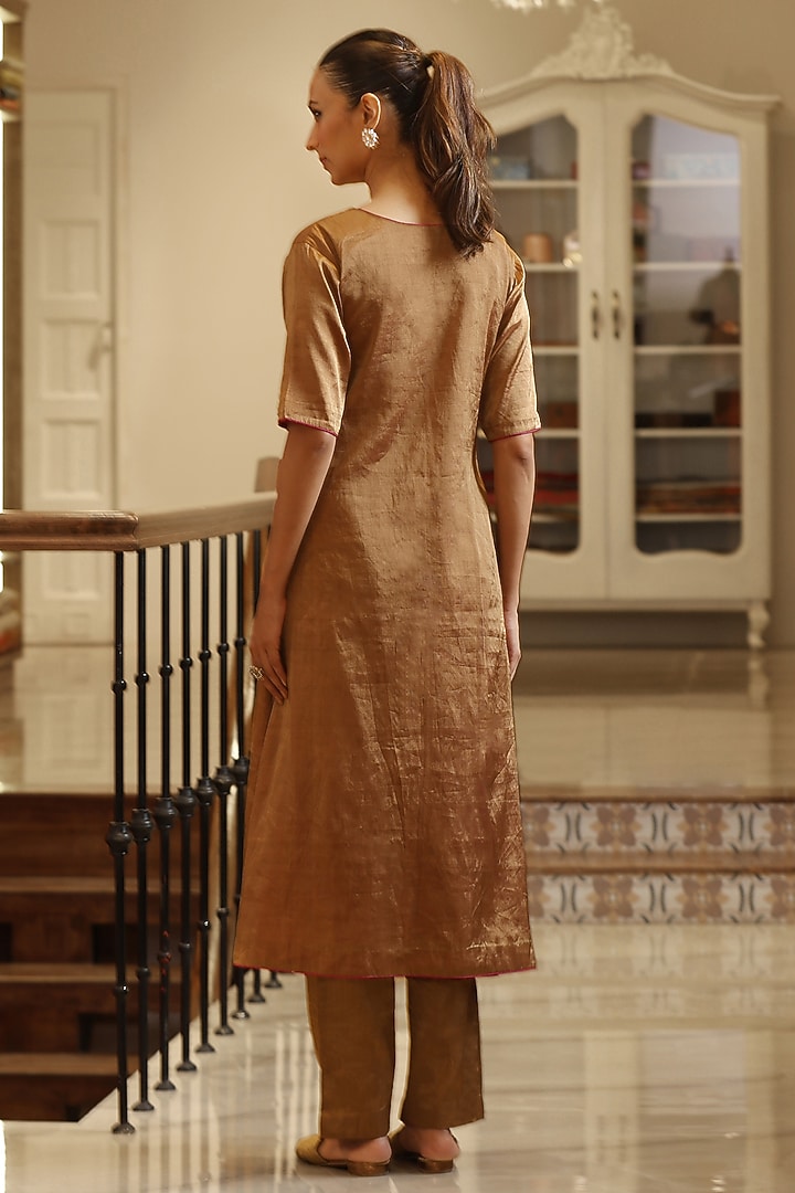 Golden Handloom Tissue Angrakha Kurta Set by Weaverstory at Pernia's Pop Up Shop