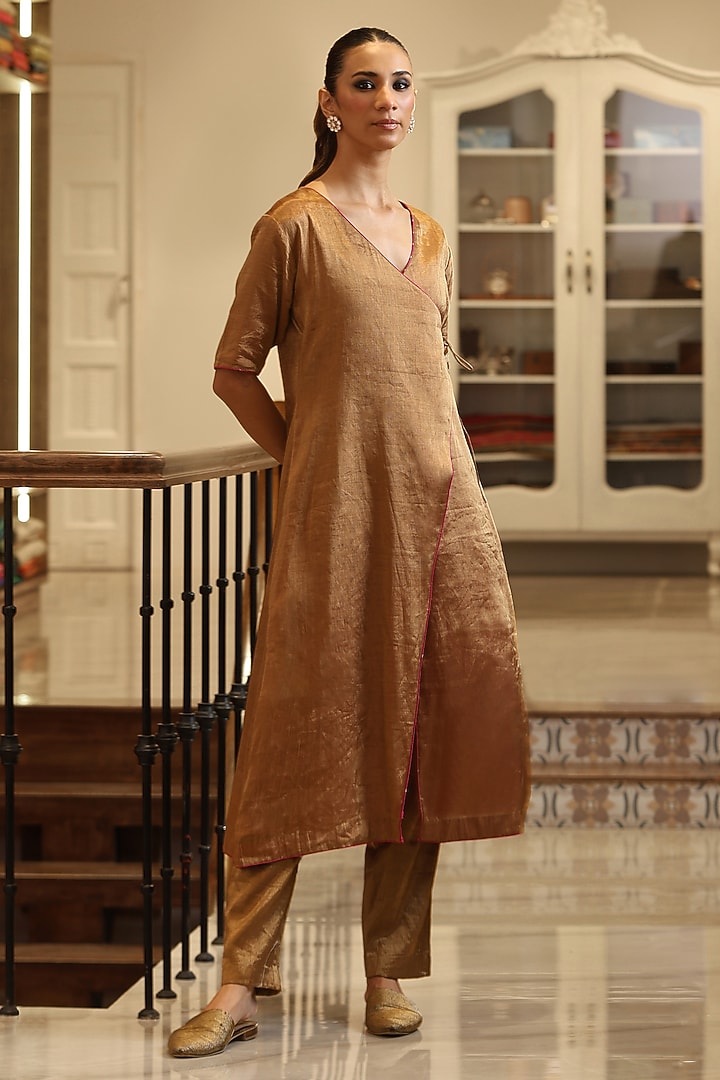 Golden Handloom Tissue Angrakha Kurta Set by Weaverstory at Pernia's Pop Up Shop