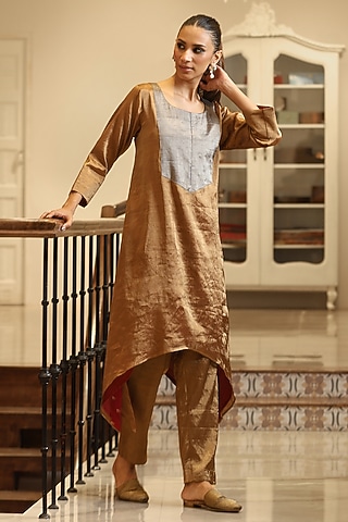 Gold & Silver Handloom Tissue Kurta Set by Weaverstory