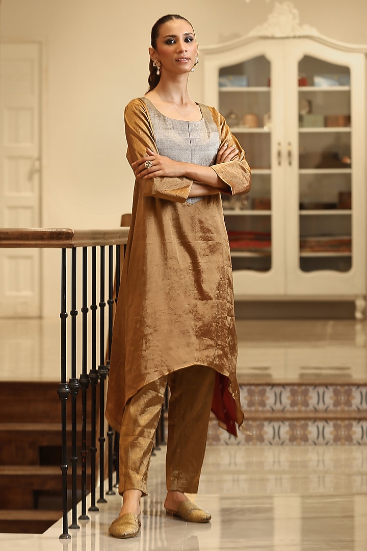 Gold & Silver Handloom Tissue Kurta Set by Weaverstory at Pernia's Pop Up Shop