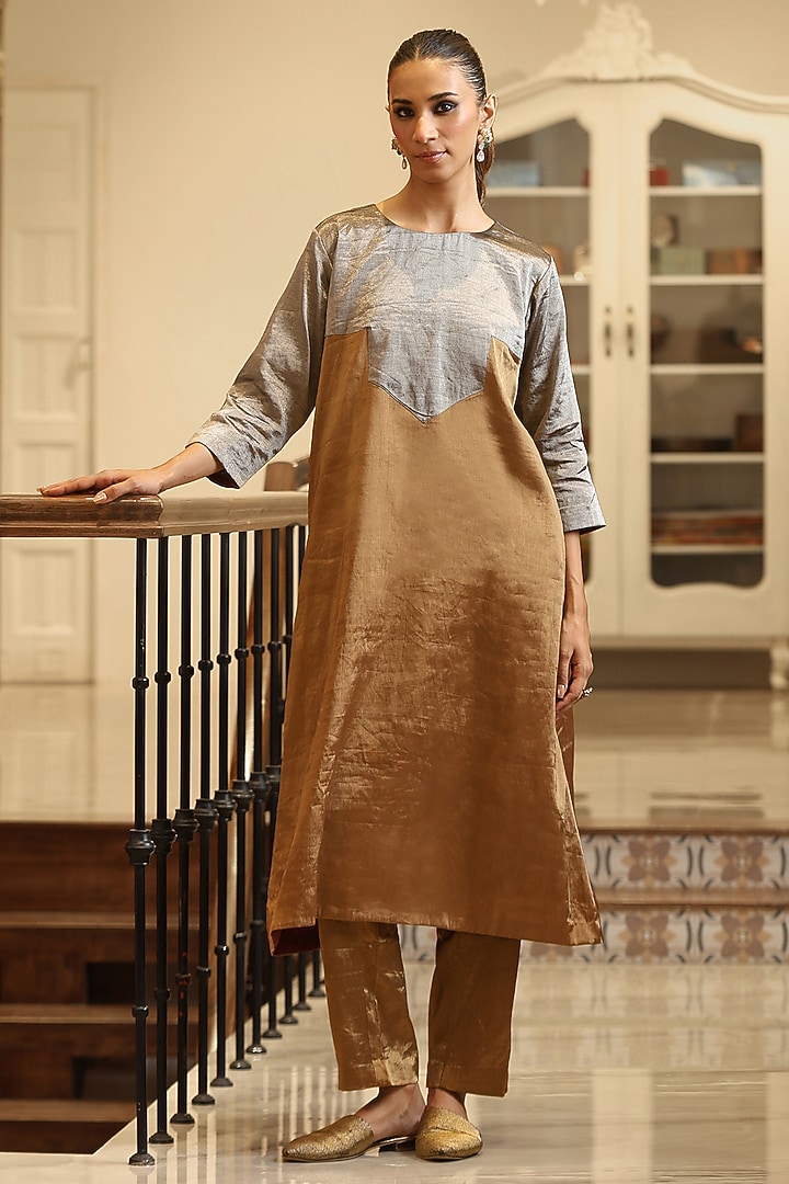 Gold & Silver Handloom Tissue Kurta Set by Weaverstory at Pernia's Pop Up Shop