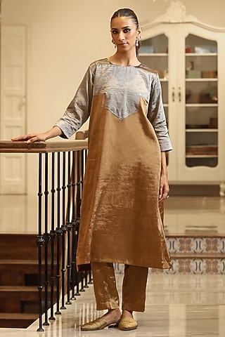 Gold & Silver Handloom Tissue Kurta Set by Weaverstory