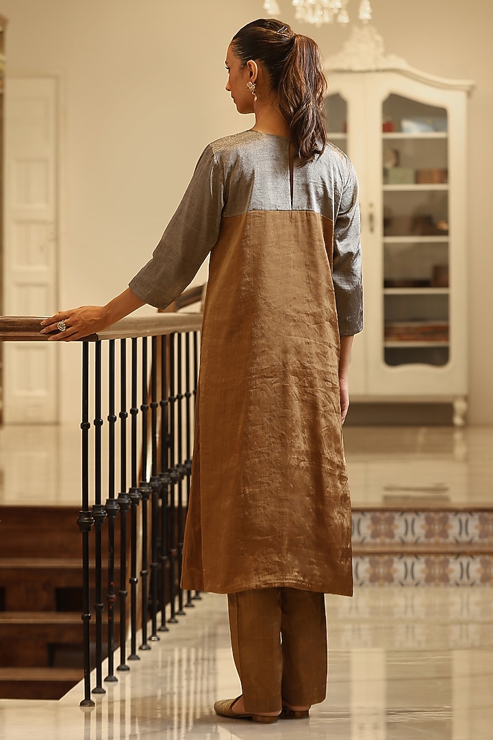 Gold & Silver Handloom Tissue Kurta Set by Weaverstory at Pernia's Pop Up Shop
