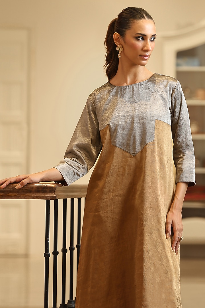 Gold & Silver Handloom Tissue Kurta Set by Weaverstory at Pernia's Pop Up Shop