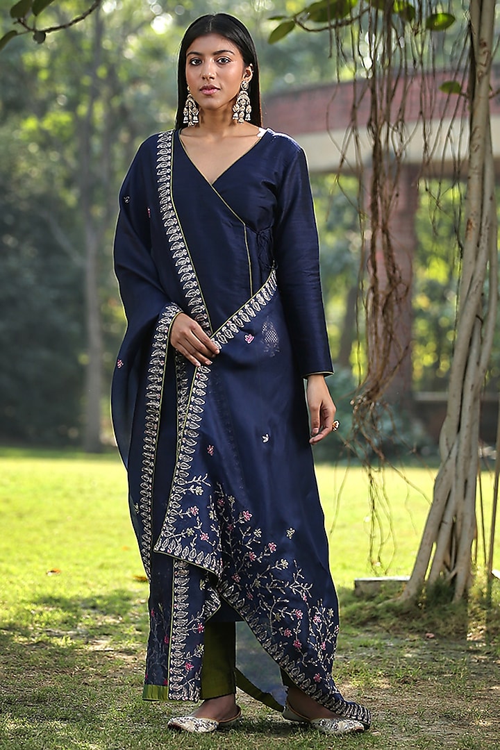 Blue Raw Silk Kalidar Angrakha Kurta Set by Weaverstory