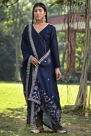 Blue Raw Silk Kalidar Angrakha Kurta Set by Weaverstory