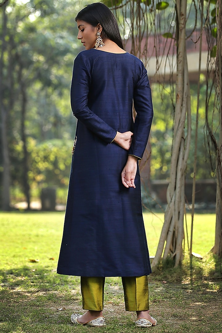 Blue Raw Silk Kalidar Angrakha Kurta Set by Weaverstory at Pernia's Pop Up Shop
