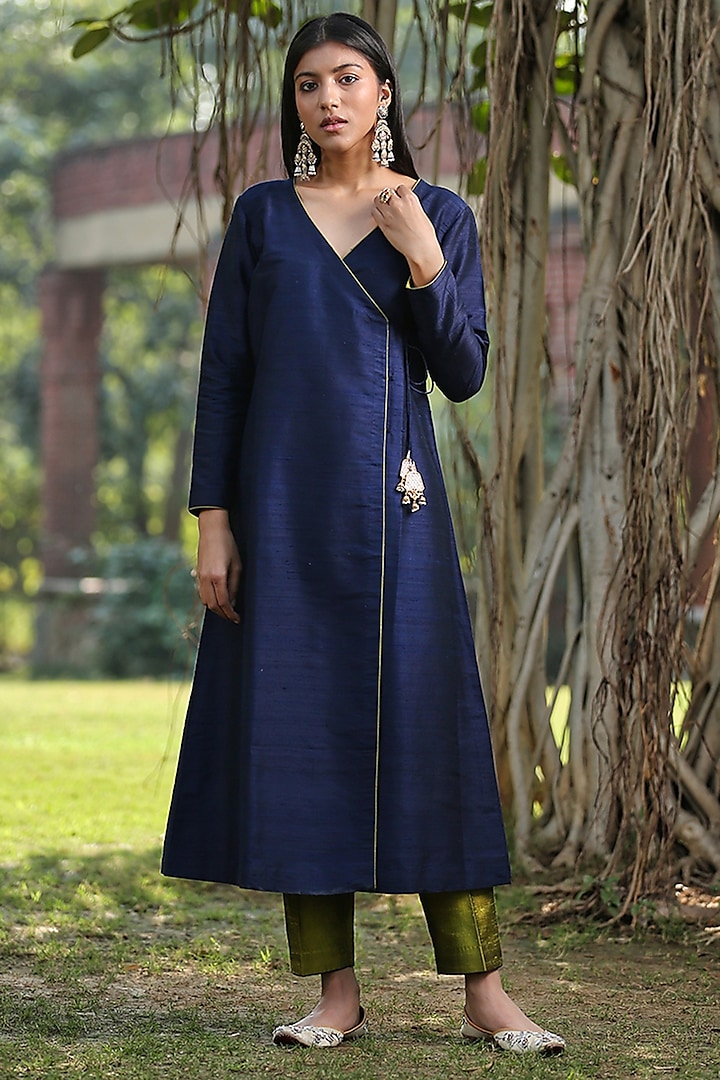 Blue Raw Silk Kalidar Angrakha Kurta Set by Weaverstory at Pernia's Pop Up Shop