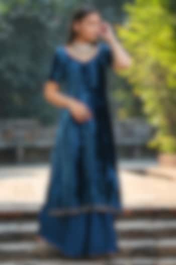 Teal Blue Silk Velvet Embroidered A-Line Kurta Set by Weaverstory at Pernia's Pop Up Shop