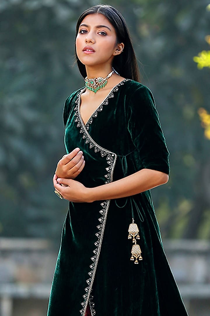 Dark Green Silk Velvet Embroidered Angrakha Kalidar Kurta Set by Weaverstory at Pernia's Pop Up Shop