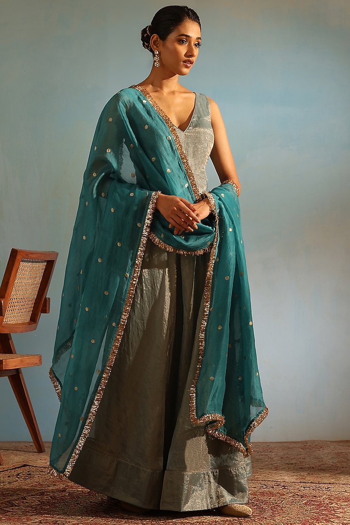Blue Tissue Silk Hand Embroidered Wedding Anarkali Set by Weaverstory at Pernia's Pop Up Shop