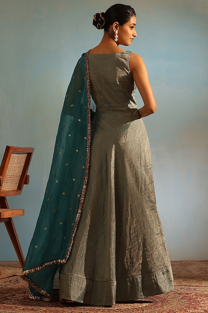Blue Tissue Silk Hand Embroidered Wedding Anarkali Set by Weaverstory at Pernia's Pop Up Shop