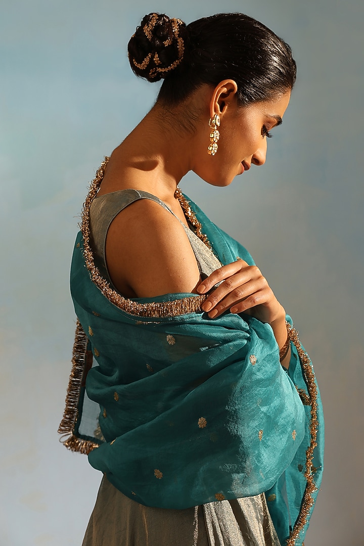 Blue Tissue Silk Hand Embroidered Wedding Anarkali Set by Weaverstory at Pernia's Pop Up Shop