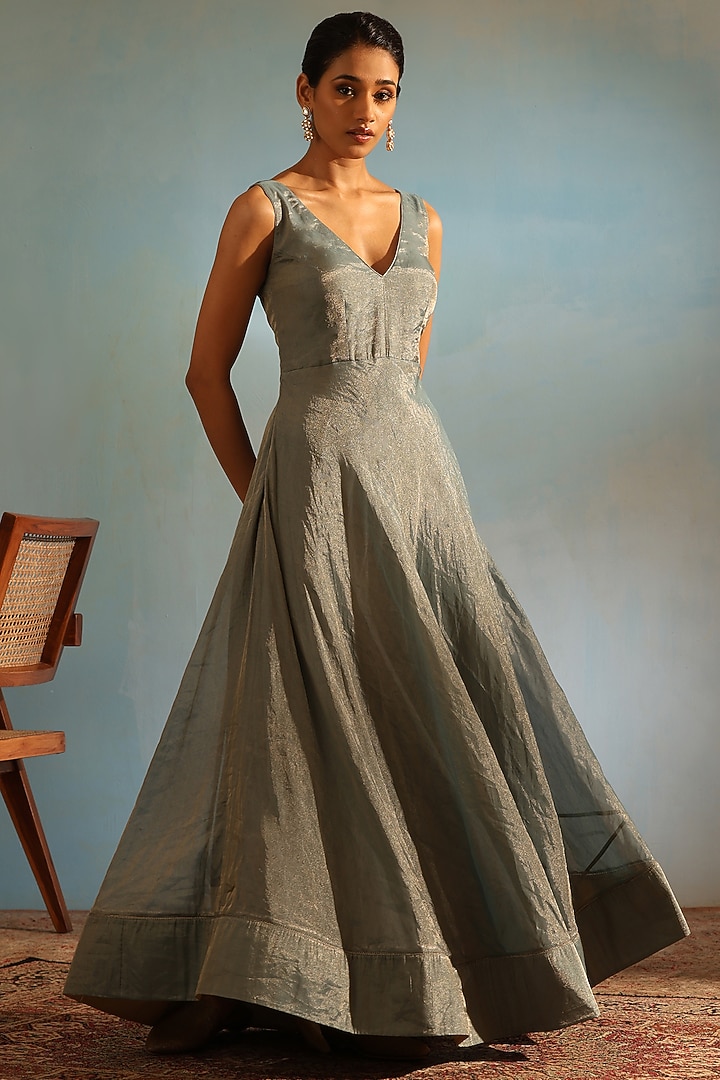 Blue Tissue Silk Hand Embroidered Wedding Anarkali Set by Weaverstory at Pernia's Pop Up Shop